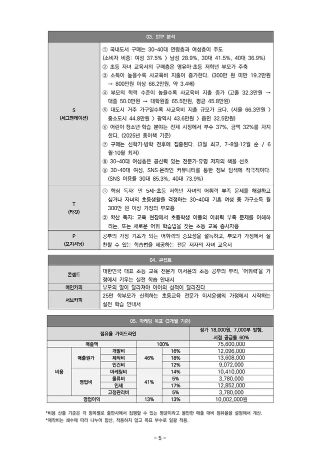 마케팅 전략 실행안 5쪽 · STP 분석 · 콘셉트 · 마케팅 목표